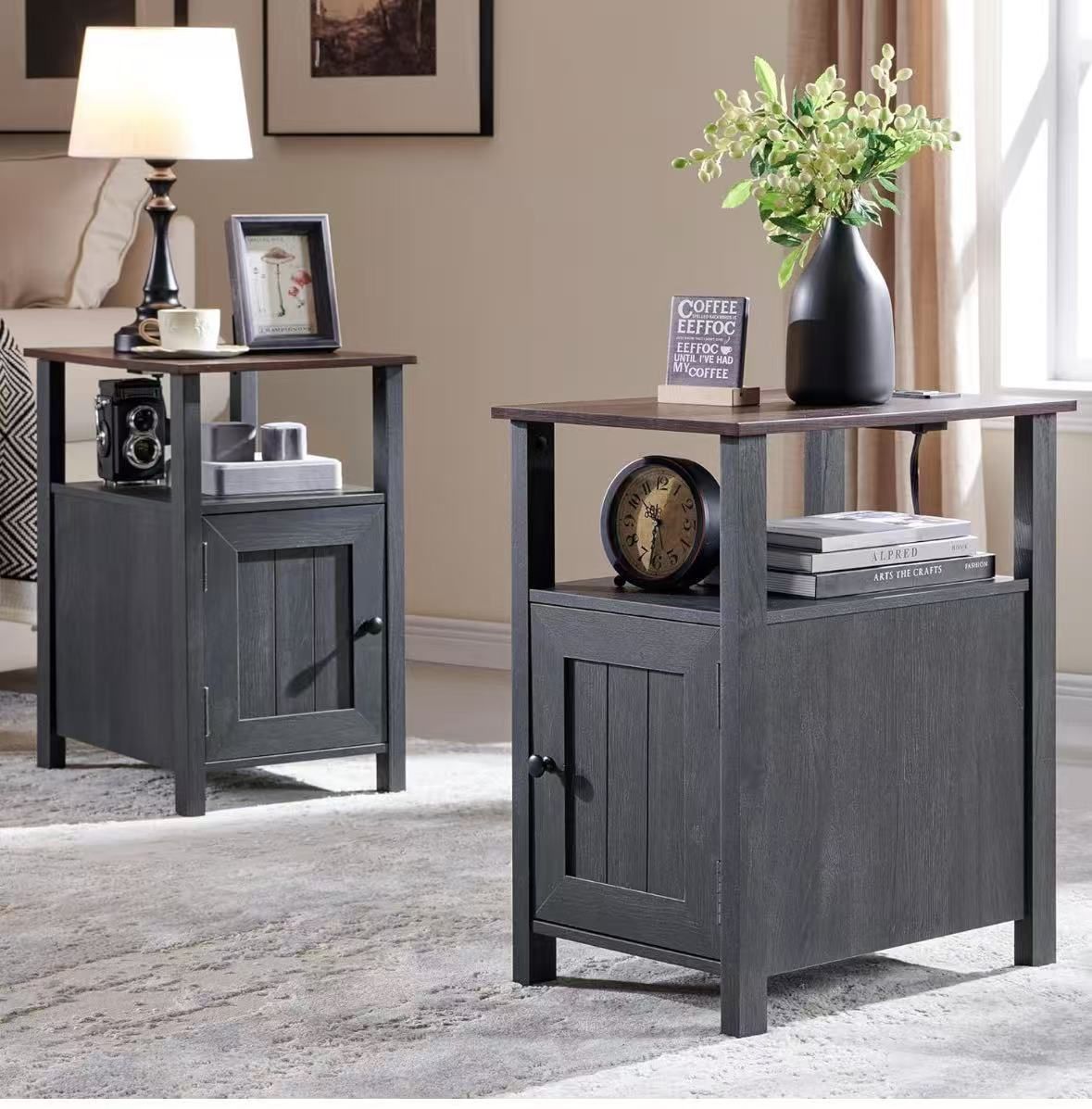 Set of 2 farm bedside tables, side table with charging station, rustic side table with barn door and open shelves $80