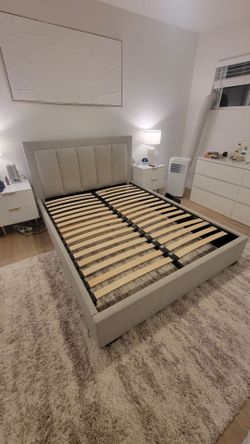 Queen gray bed frame and slats in great condition!