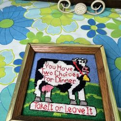 Vintage Funny Cow Needlepoint / Crewel