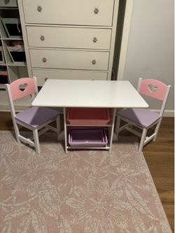 KidKraft Heart Table & 2 Chairs Set w/ 4 Storage Bins – Pink, Purple & White