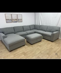 Fabric Sectional w/ Chaise + Storage Ottoman