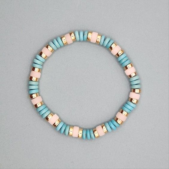 Handmade Stretchy Beaded Bracelet - Turquoise, White, And Gold