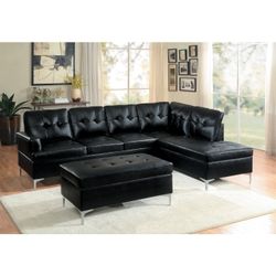 Brand New 109"×80"×34"H Black Faux Leather With Ottoman