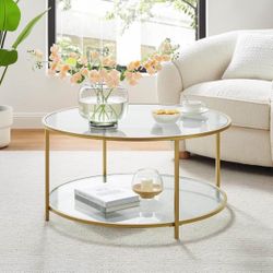 Round Side Table, Small Coffee Table, 2-Tier Tempered Glass End Table with Steel Frame, Bedside Table, with Open Storage Shelf, Modern Sty