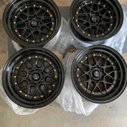 15x8” Rims Set of 4 Brand New 4x100 Black Mesh Wheels