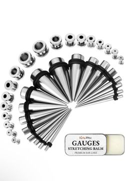 37PC Ear Stretching Gauges Kit 14G-00G - Aftercare Balm Wax - Surgical Steel Tapers Single Flare Plugs Screw Fit Tunnels - Stretchers Expanders Eyelet