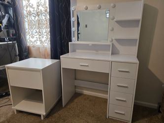 White Vanity Desk & Matching Nightstand Set
