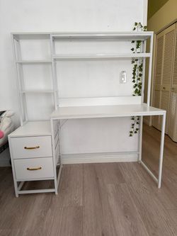 Modern Computer Workstation / Table with Hutch & Side Storage Tower.