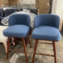 Set Of 2 Barstools, Navy Blue, Solid Wood Legs, 26 Inch Height 