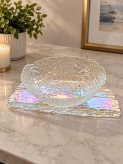 Iridescent Glass Bowl & Matching Tray Set