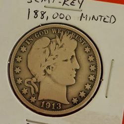 1913-P Barber Silver Half Dollar Low Mintage