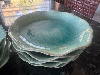 12- Teal Glazed Ceramic Dinner Plates Set