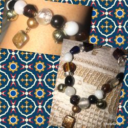 Brown and Black Glass Beaded Bracelet with Gold Charms