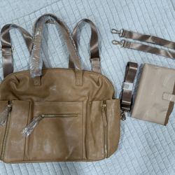 Tan Leather Diaper Bag Backpack + Accessories