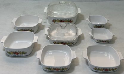 8 Piece & 2 Lids Corning Ware Spice of Life Casserole Baking Dishes Vintage