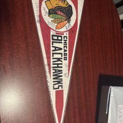 91-92 Chicago Blackhawks Pennant With 14 Autos Roenick-Belfour-Hasek-Chelios
