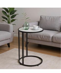 1,093) Round C Shaped Side Table, Slide Under Couch End Table with Wood Top Coffee Snack Laptop Table for Living Room Bedroom Small Spaces (Black Meta