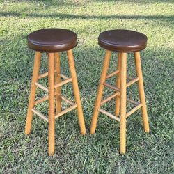 Pair Of Wood Pub Bistro Counter Height Bar Stools