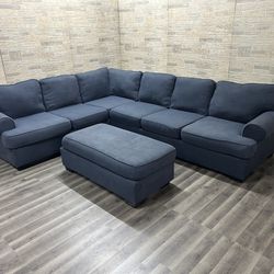 Dark Blue 2-Piece Sectional with Ottoman