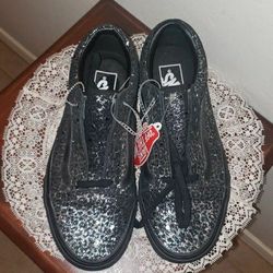 NEW W/ TAGS WOMEN'S SZ 7 VANS OLD SKOOL BLACK SILVER CHROME LEOPARD PRINT GYM TENNIS SHOES SNEAKERS