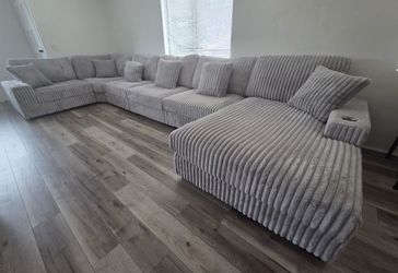 Large Gray Corduroy Sectional Sofa with Chaise
