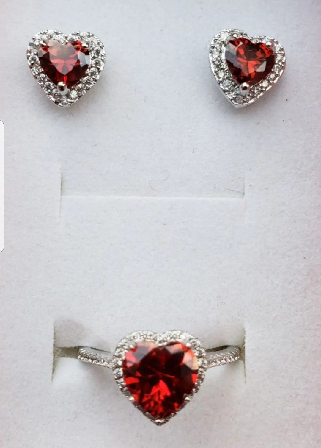 Sterling silver ruby and lab diamond ring and earring set