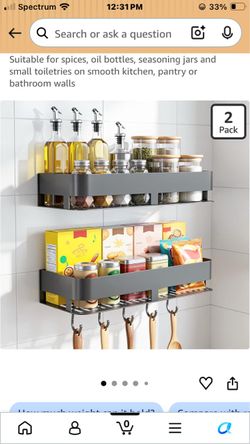 New Spice Rack Wall Mount, 2-Pack Carbon Steel Shelf with Hooks