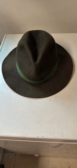 Vtg WW Olive Green Felt Fedora Hat Sz 7 1/2 Olive Green Ribbon Classic Wide Brim Mens OBO