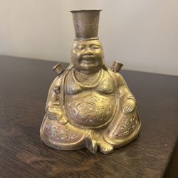 Vintage Brass Laughing Buddha Incense Candle Holder