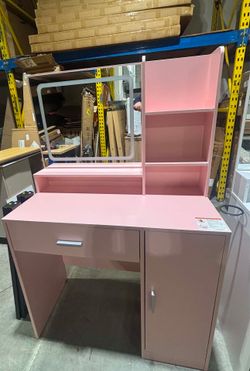 Vanity Desk with Mirror and Lights, Makeup Table with Drawer, Cabinet and Open Shelves, Bedroom Dressing Table with Charging Station, Pink