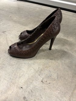 Brown Leather Peep-Toe Platform Heels