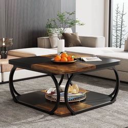 New in the box Square Coffee Table, 39" Central Cocktail Table with 2-Tier Shelves(D791)