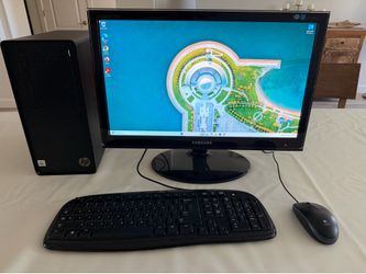 Hp i3 3.6GHz, 8GB Ram, 256GB SSD + 1TB HDD, Slim DVD-RW Drive, Gigabit LAN, WiFi, BT, Win 11 Home, Logitech Keyboard + Mouse, Samsung 21.5” Monitor