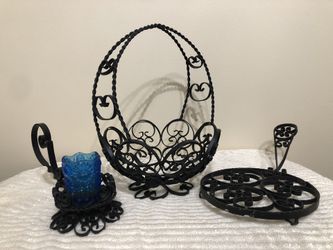Set of 3 pieces. Wrought Iron fruit basket, candle holder and pot holder. Metal black