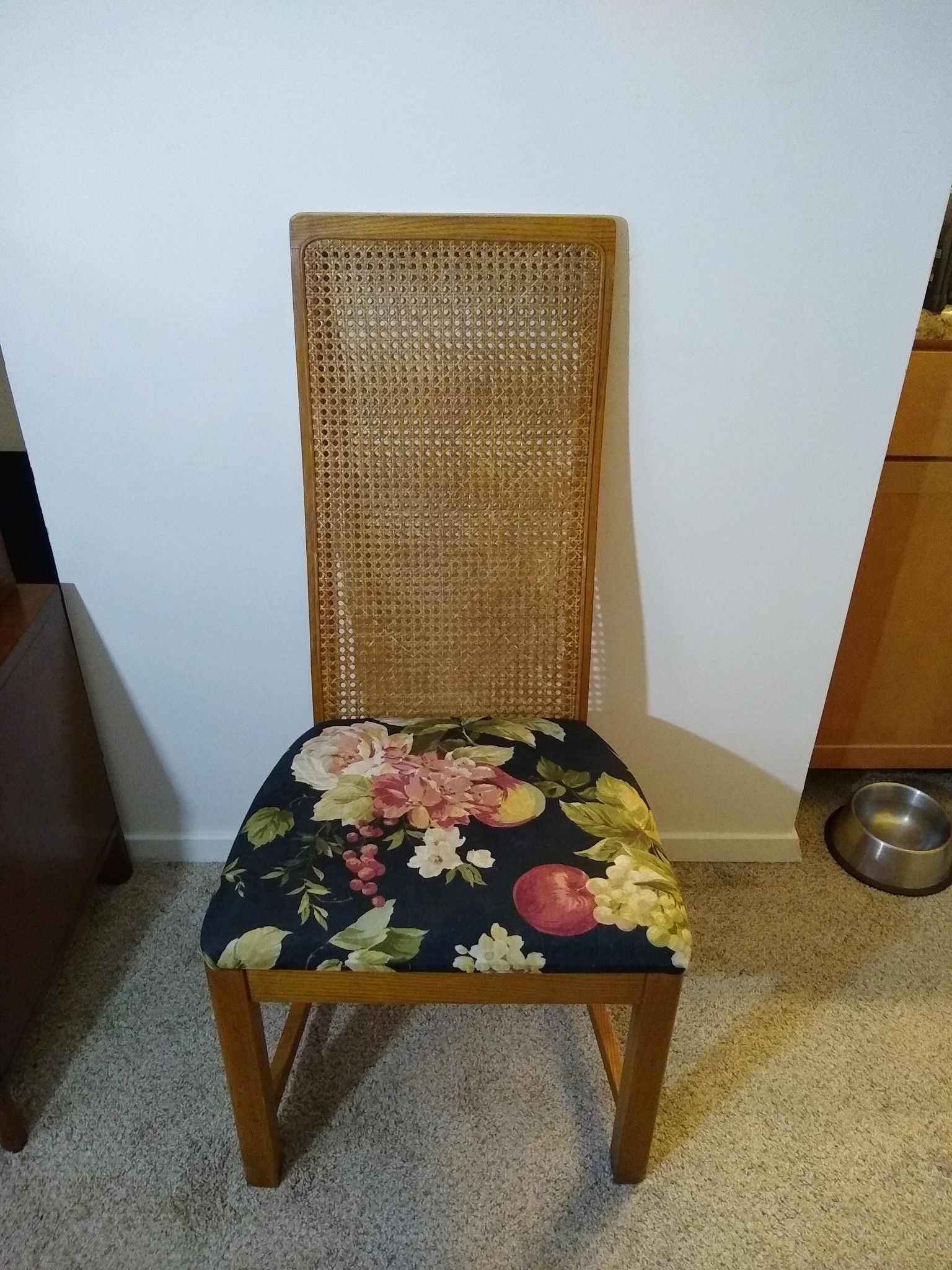 Wood frame, cane back, upholstered chair