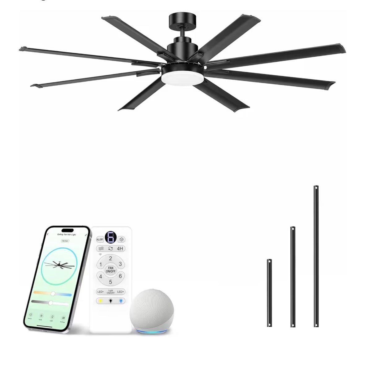 PIGOABZ 72 Inch Industrial Smart Ceiling Fan with Light, WiFi Alexa & Remote Control, 8-Blade Black Aluminum Metal Ceiling Fan, High CFM Large Indoor