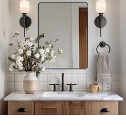 Wall Mirror for Bathroom, 24x36 Inch Black Bathroom Mirror, Stainless Steel Metal Frame with Rounded Corner, Rectangle Glass Panel Wall Mounted Mirror