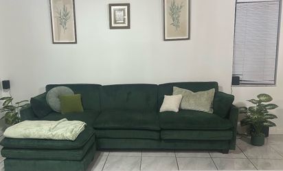 Green Corduroy Couch sectional with movable ottoman