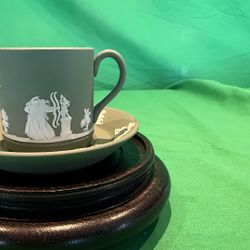 Wedgwood Jasperware Demitasse Cup & Saucer – Green with White Relief – Made in England