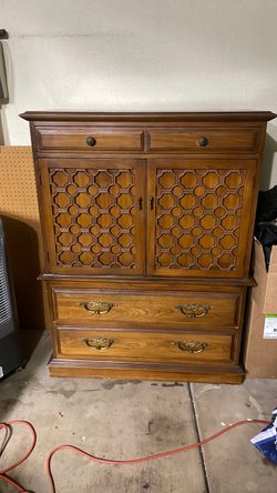 Vintage Wood Armoire Dresser with Lattice Doors