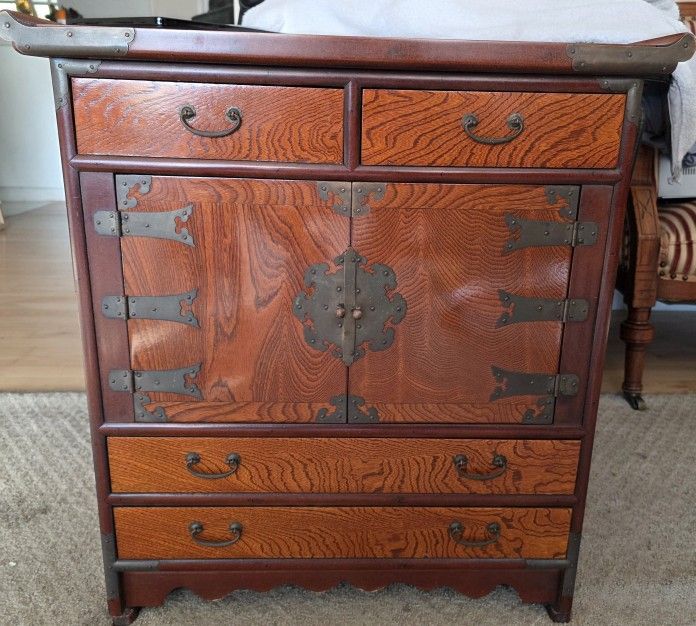 Vintage Wood Korean Tansu W/ Ornate Brass Hardware And Dovetail Joinery