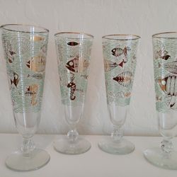 4 Vintage Marine Life Pilsnor Glass By Libby Glass Co 