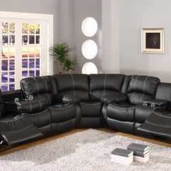 Black Leather Sectional Sofa With Reclining Seats