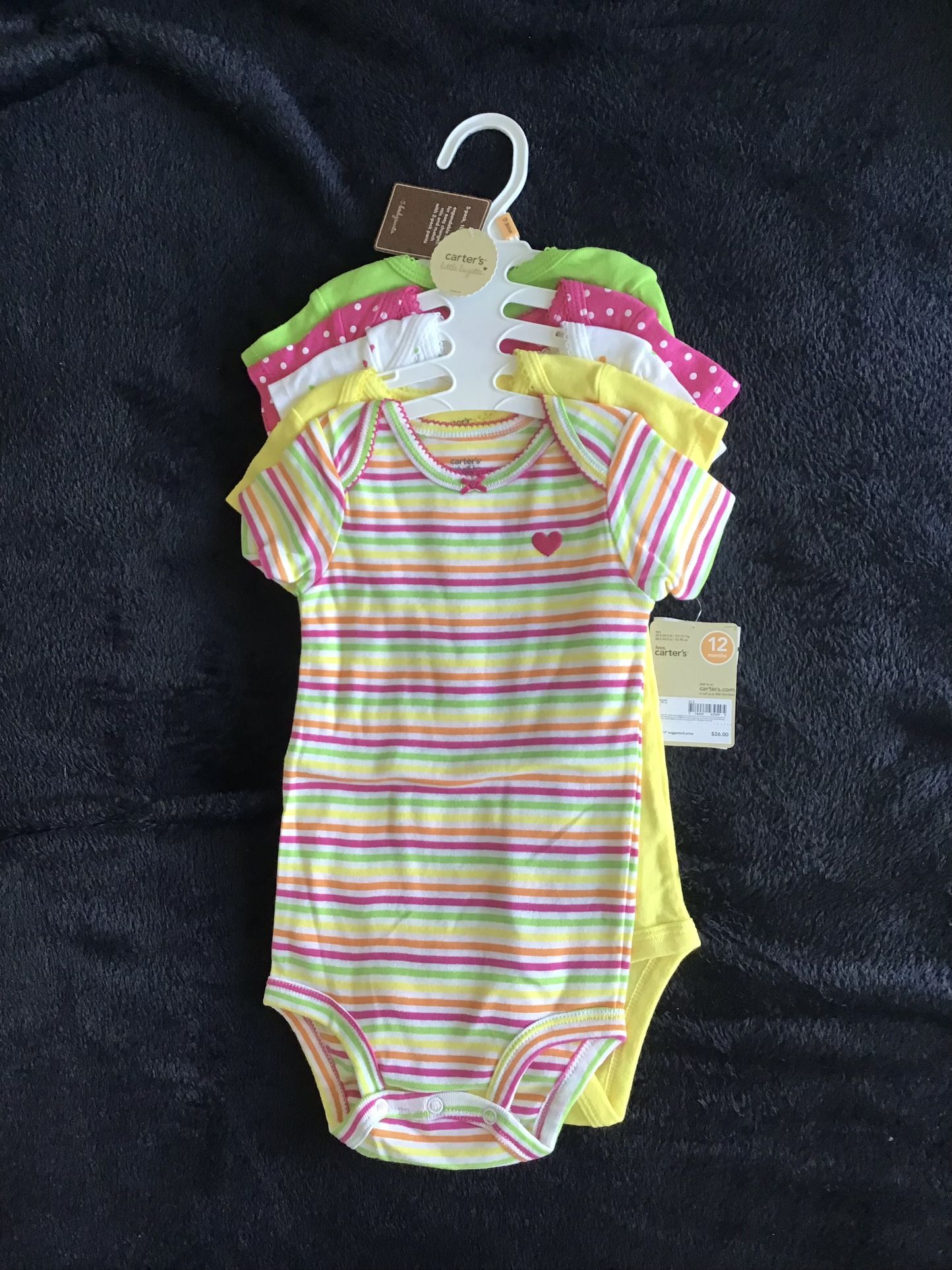 NWT Carter’s 5 -pack Cotton Short Sleeves Bodysuits Girl’s Size 12 M
