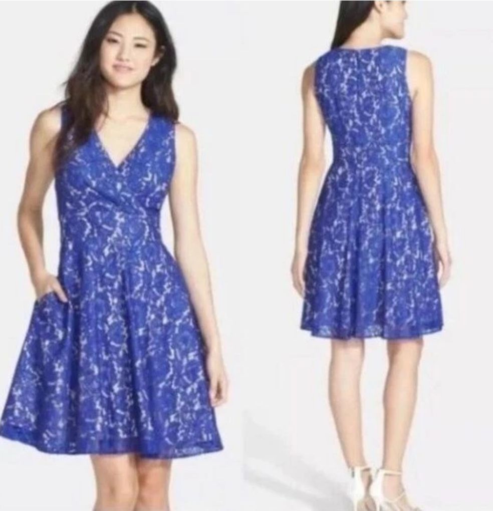 Eliza J Lace Overlay Fit and Flare Short Sleeve V Neck Dress Size 6 Womens