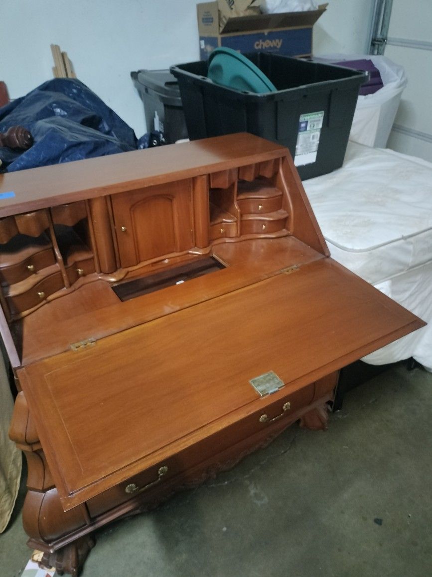 Antique Spanish Walnut Burl and Rosewood Drop Front Secretary Desk
