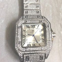 Crystal Silver Men's Dress Watch Square Silver Dial Black Roman Numeral Hours on a Silver Linked Crystal Band Unused Vintage!