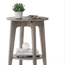 Side Table, Small Round End Table with Lower Shelf, Nightstand for Small Spaces, Living Room, Bedroom, Greige ULET283T02