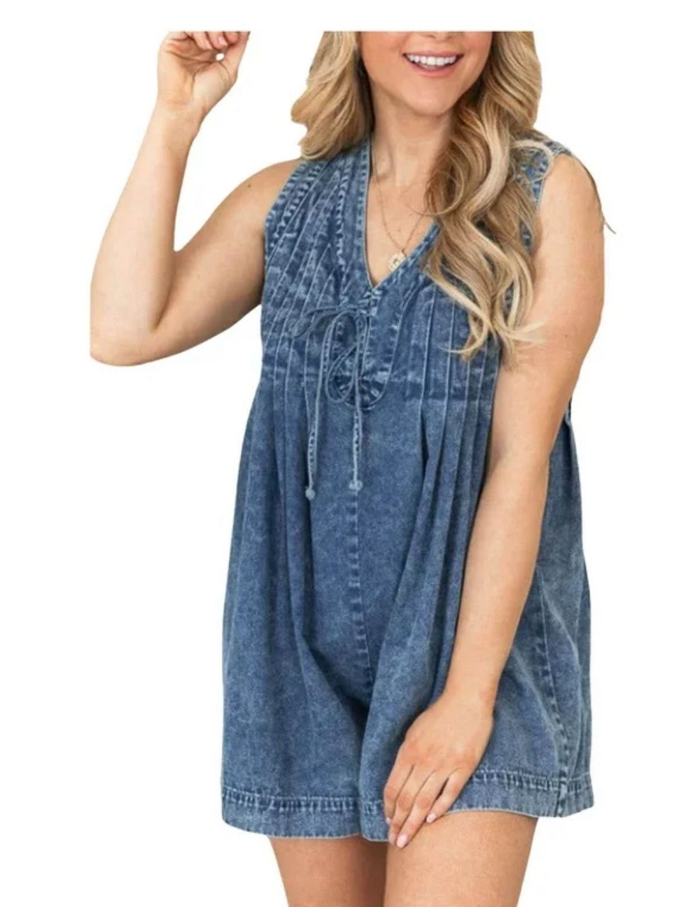 DVKOVI Womens Casual Sleeveless Tie Front Denim Romper V Neck Overall Shorts Summer Jean Romper with