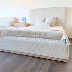 🛏️ Bouclé Upholstered Bed Frame – Curved Headboard